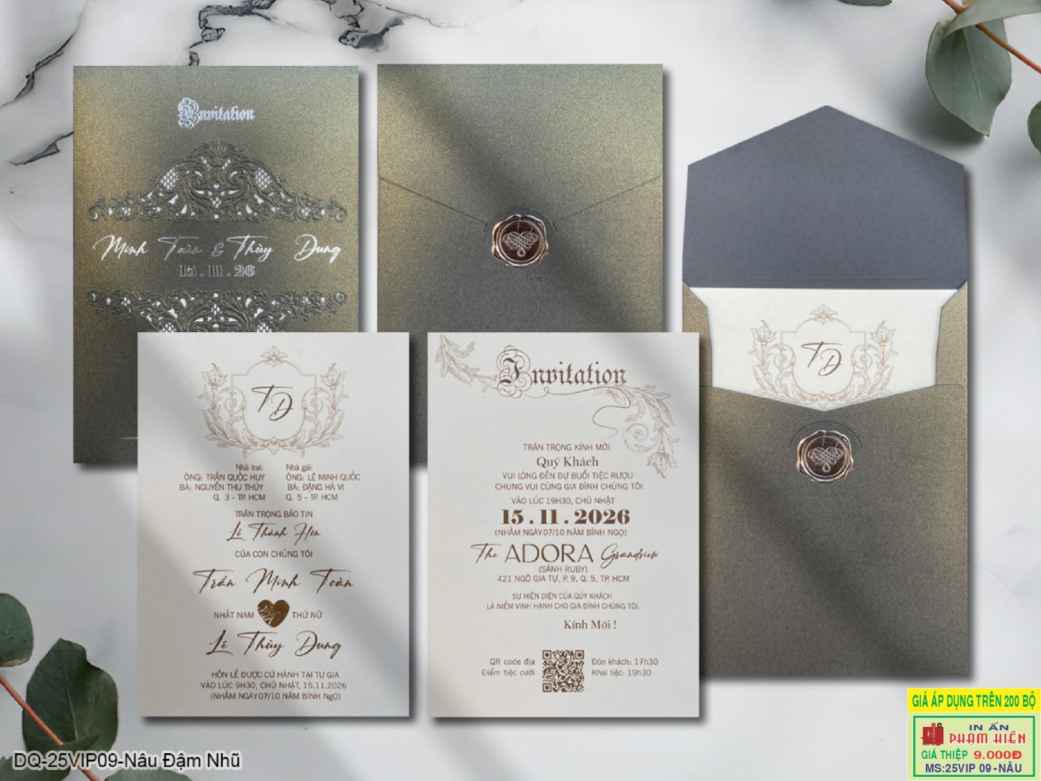 THIỆP CƯỚI 25VIP09 - Nâu đậm nhũ